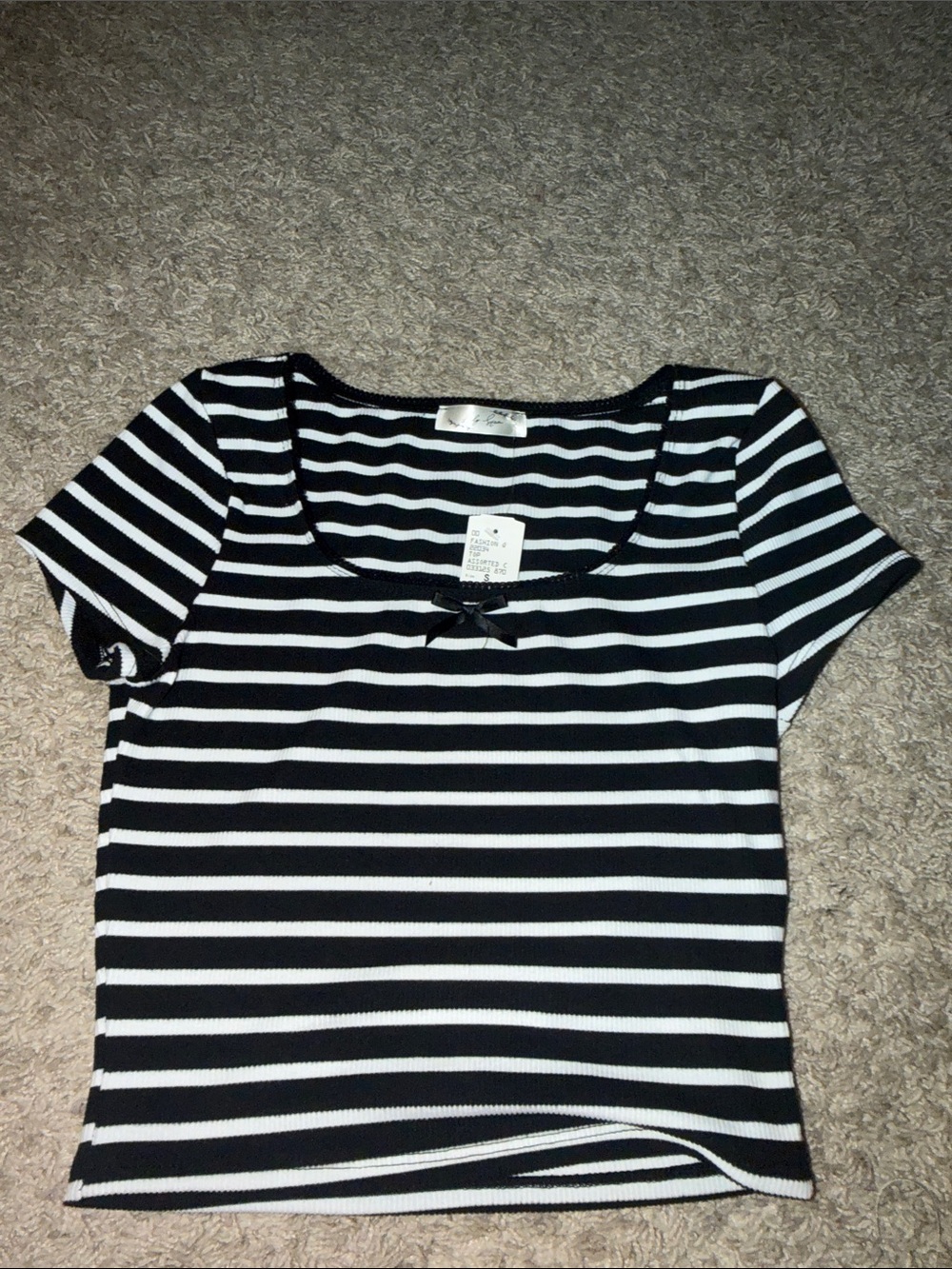 Black & White Striped Short Sleeve Scoop Neck Top with Bow